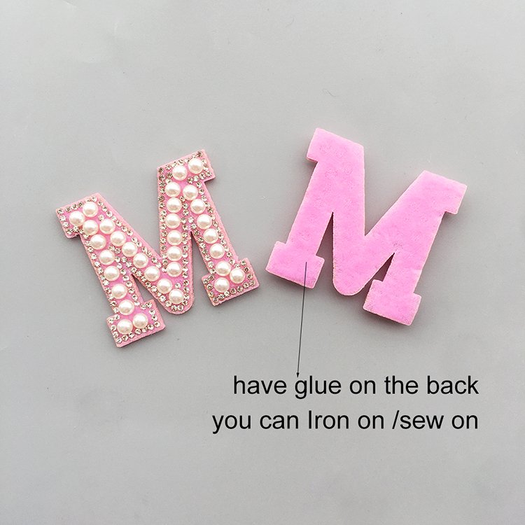 Pink Alphabet Pearl Rhinestone Words Ironing on Patches Applique 3D Handmade DIY Patch Cute Initial Letter Patches for Clothing
