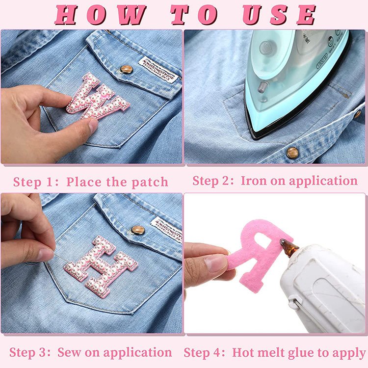 Pink Alphabet Pearl Rhinestone Words Ironing on Patches Applique 3D Handmade DIY Patch Cute Initial Letter Patches for Clothing