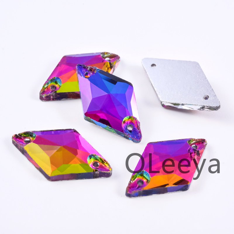 OLeeya 3A Quality Glass Sewing on Rhinestones Rainbow Color Rhombus Shape Bikini Stones Decoration for Leotards Dance Dress