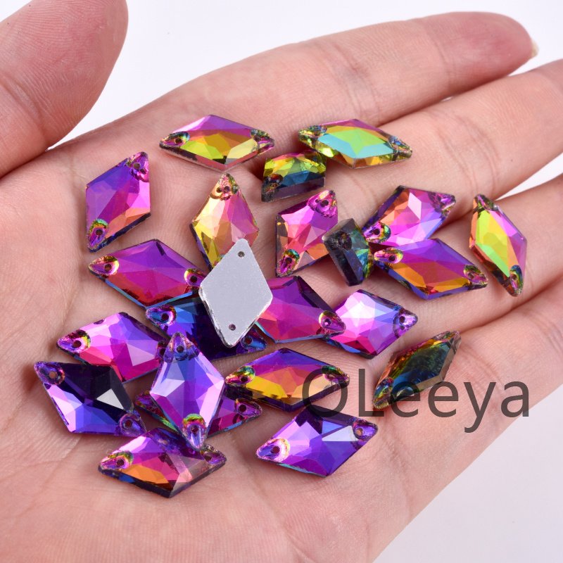 OLeeya 3A Quality Glass Sewing on Rhinestones Rainbow Color Rhombus Shape Bikini Stones Decoration for Leotards Dance Dress