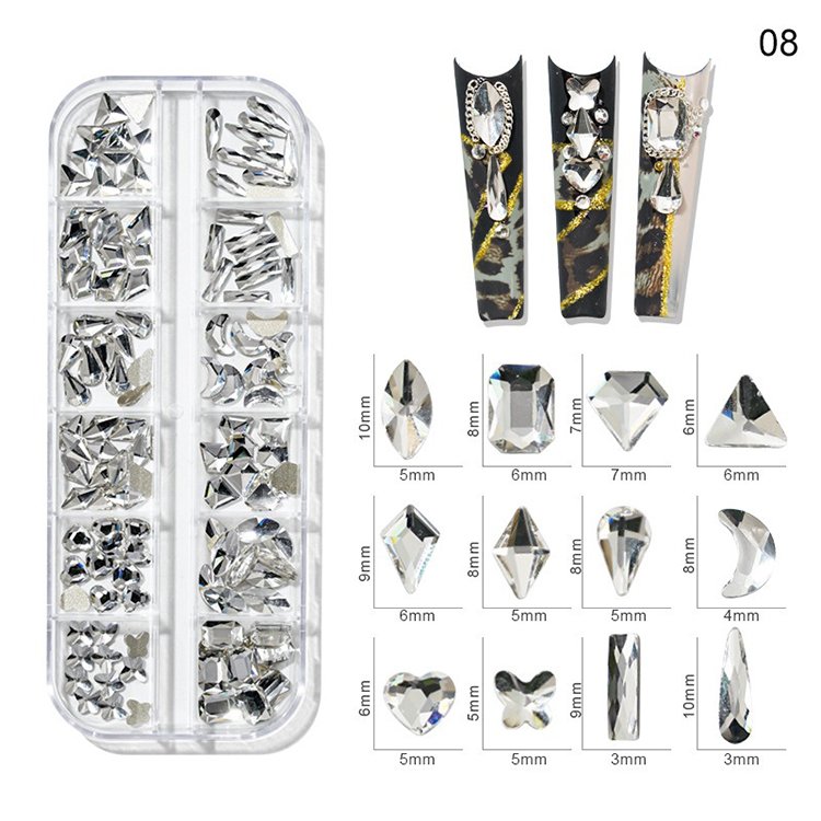 12Grids/Box Shiny Flatback 3D Glass Irregular shape SS4-SS16 Crystal Nail Art Rhinestone Stones DIY Nail Art Decoration