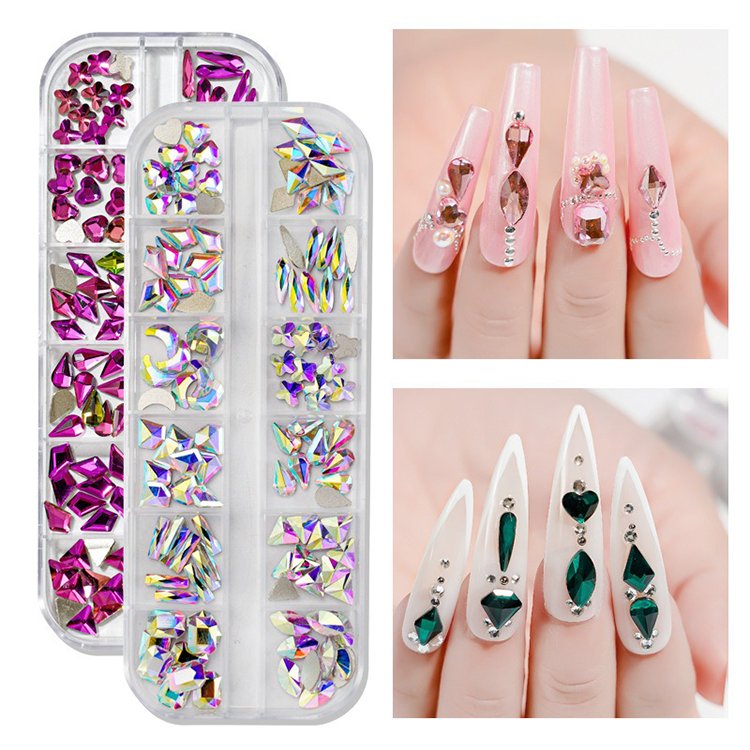 12Grids/Box Shiny Flatback 3D Glass Irregular shape SS4-SS16 Crystal Nail Art Rhinestone Stones DIY Nail Art Decoration