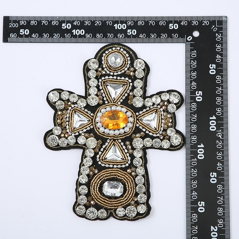 OA 30days Custom Design Handmade Rhinestone Beaded Patches Cross Beaded Patch Applique Sew on Rhinestone Accessories Patches
