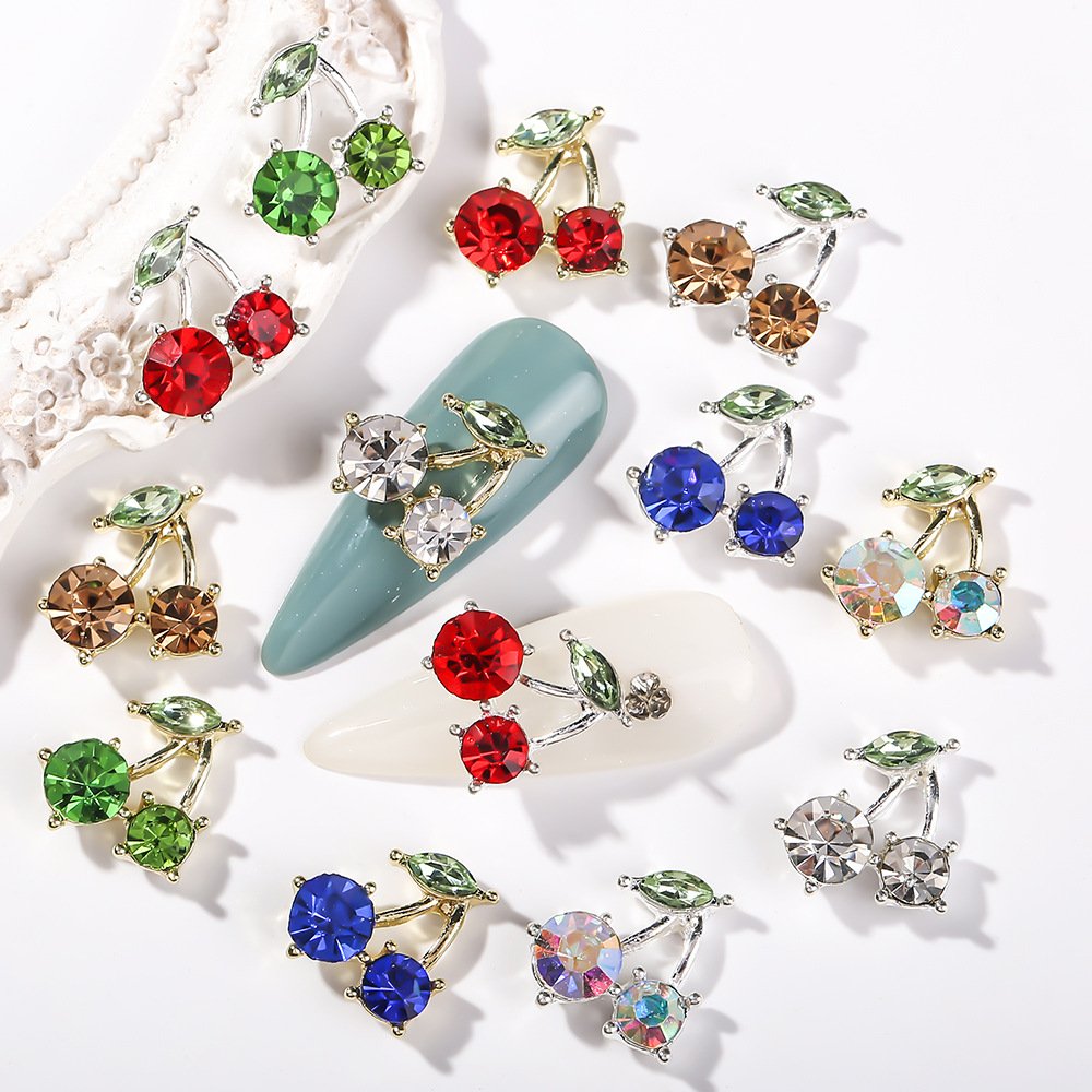 Diamond Crystal Cherry Nail Charms Silver Gold Red AB Sparkling Alloy 3D Cherry Nail Charms In Bulk Nail Rhinestones