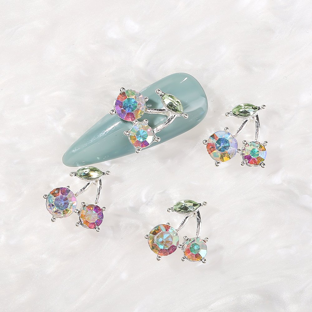 Diamond Crystal Cherry Nail Charms Silver Gold Red AB Sparkling Alloy 3D Cherry Nail Charms In Bulk Nail Rhinestones