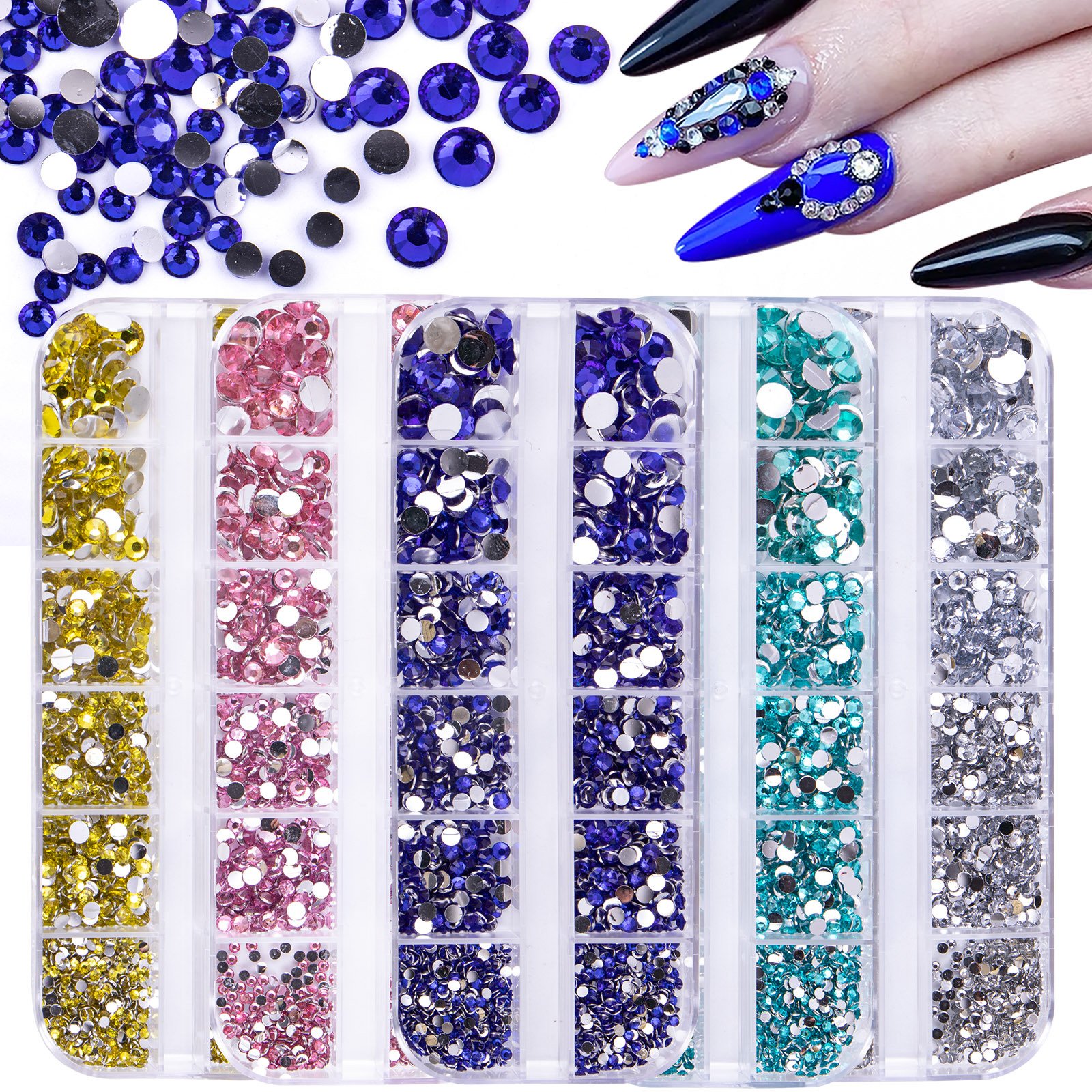 12Grids Mixed Colors Glass Nail Rhinestones Multi Size Shiny AB Gold Pink Flat-back Crystal Strass Diamond Nail Gem Decoration