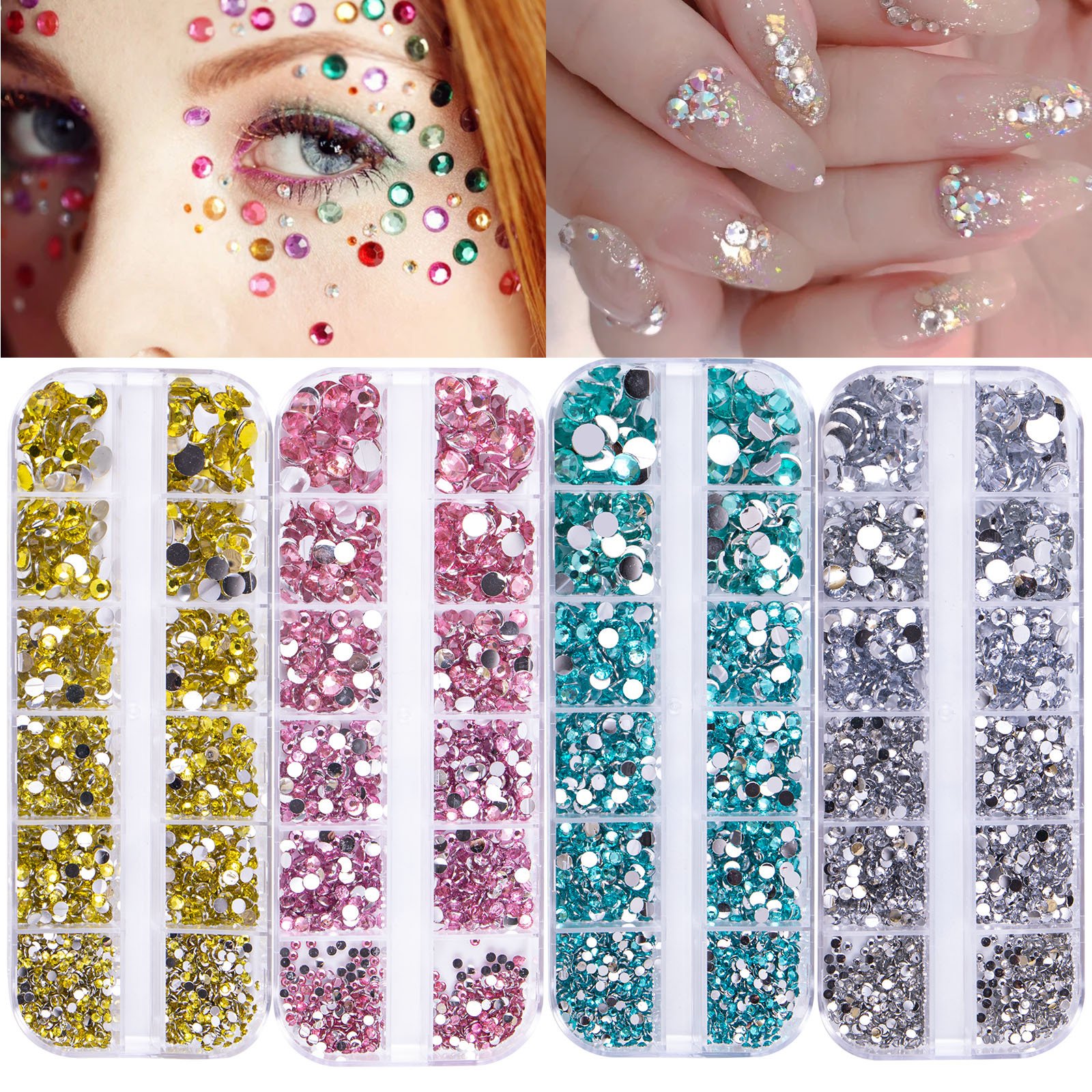 12Grids Mixed Colors Glass Nail Rhinestones Multi Size Shiny AB Gold Pink Flat-back Crystal Strass Diamond Nail Gem Decoration