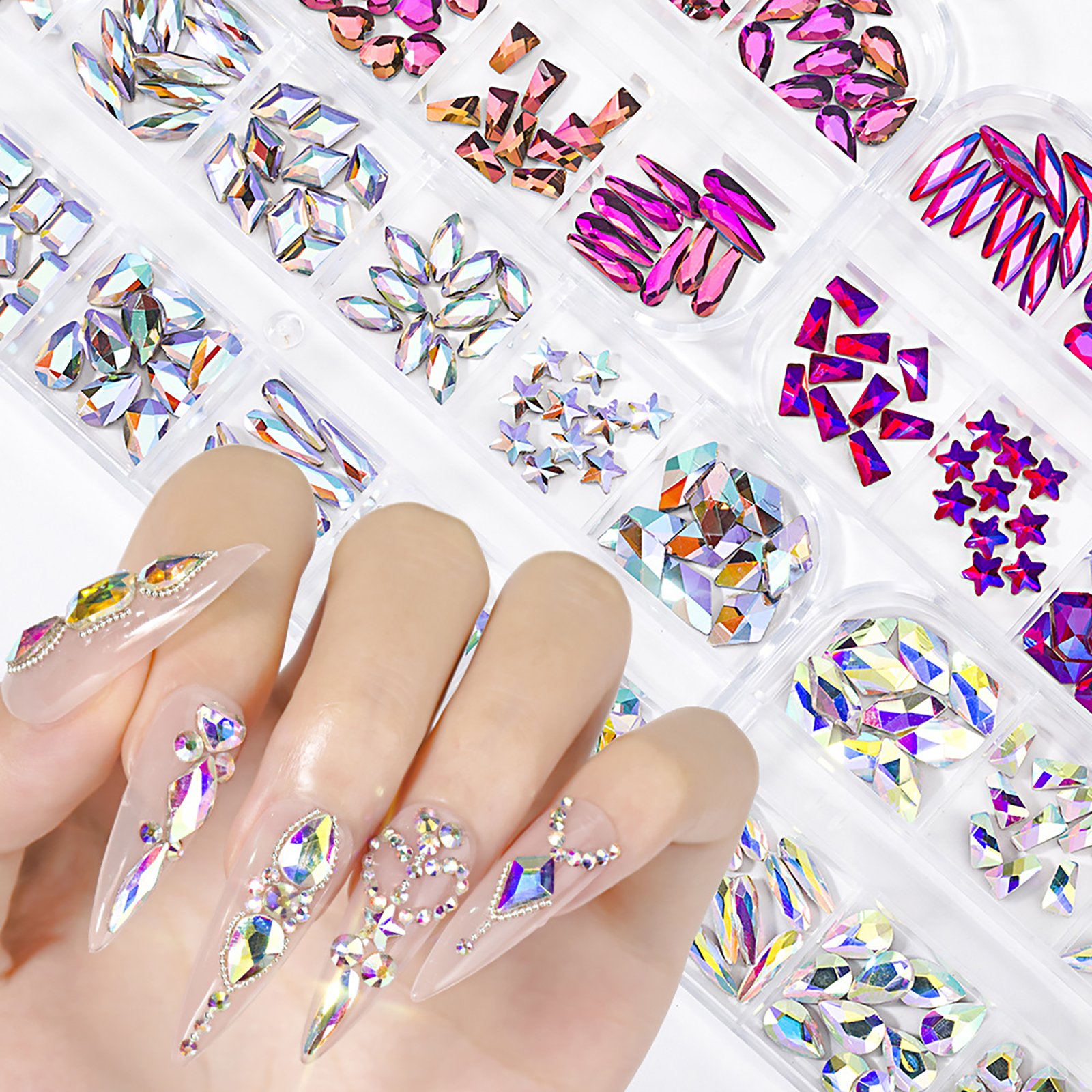 12 Grids 3d Flat Back Glass Rhinestones Nail Art Decoration Random Multi-Shape Nail Rhinestones For Nail Art Diy