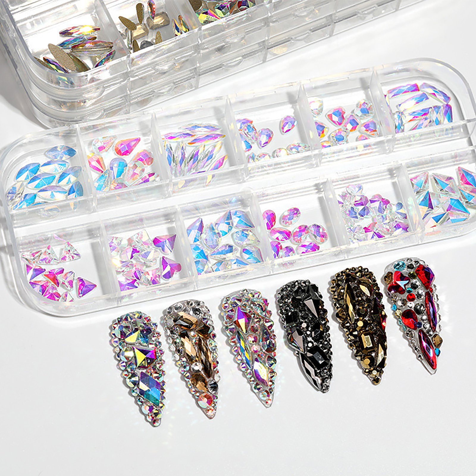 12 Grids 3d Flat Back Glass Rhinestones Nail Art Decoration Random Multi-Shape Nail Rhinestones For Nail Art Diy
