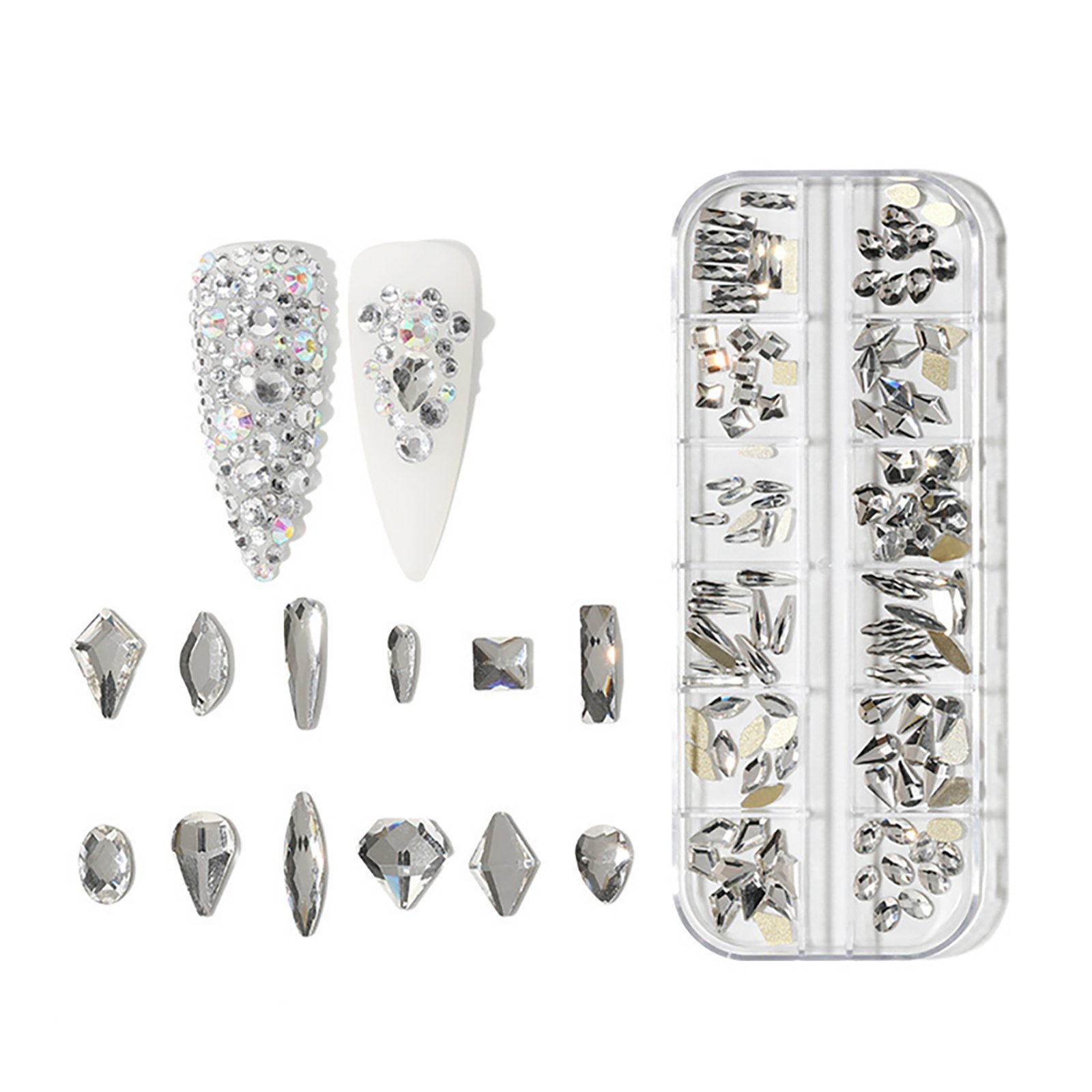 12 Grids 3d Flat Back Glass Rhinestones Nail Art Decoration Random Multi-Shape Nail Rhinestones For Nail Art Diy