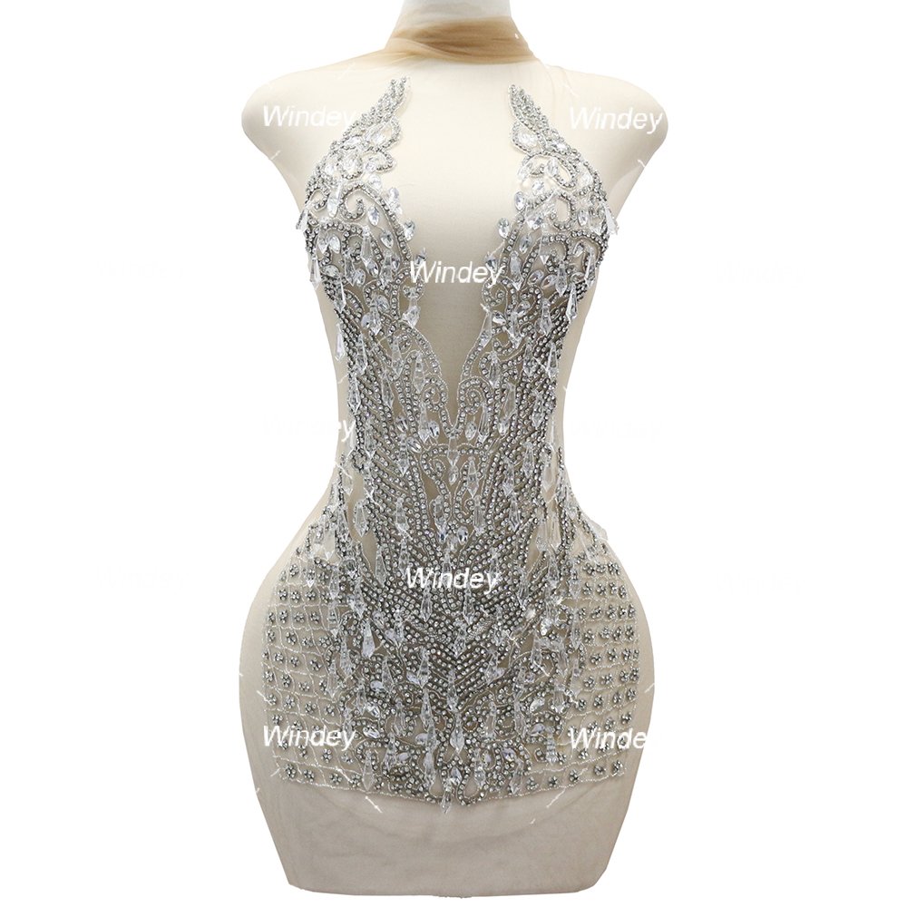 New Design Silver Ice drop bead pendant prom dress fabric crystal rhinestone bodice applique