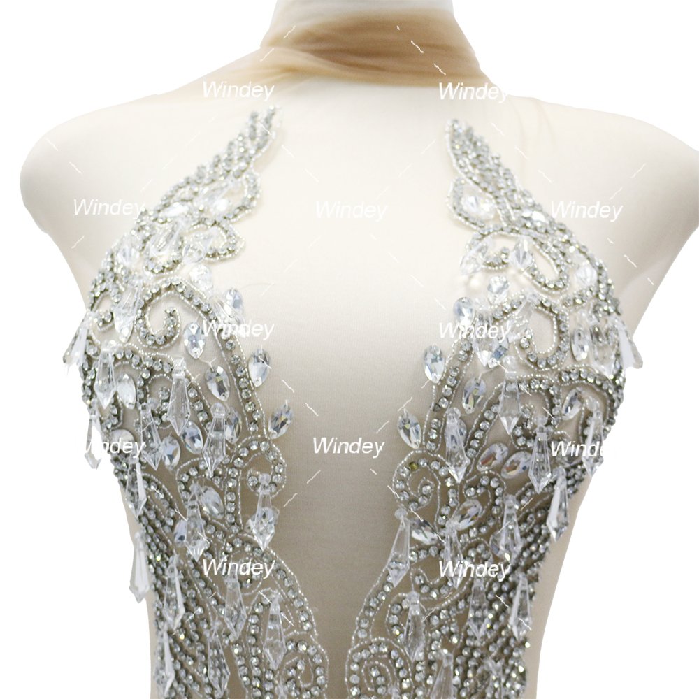 New Design Silver Ice drop bead pendant prom dress fabric crystal rhinestone bodice applique