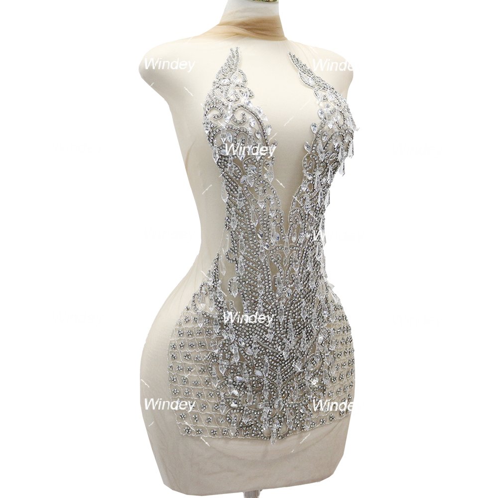 New Design Silver Ice drop bead pendant prom dress fabric crystal rhinestone bodice applique