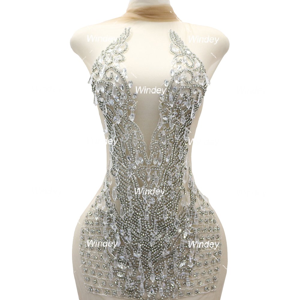New Design Silver Ice drop bead pendant prom dress fabric crystal rhinestone bodice applique