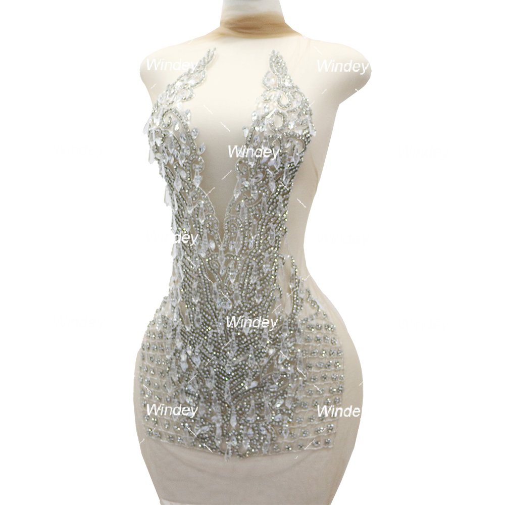 New Design Silver Ice drop bead pendant prom dress fabric crystal rhinestone bodice applique