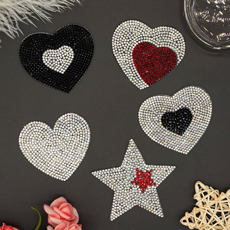 Wholesale bling high quality rhinestone patches for clothing hats silver royal blue sparkling rhinestone beaded heart patches