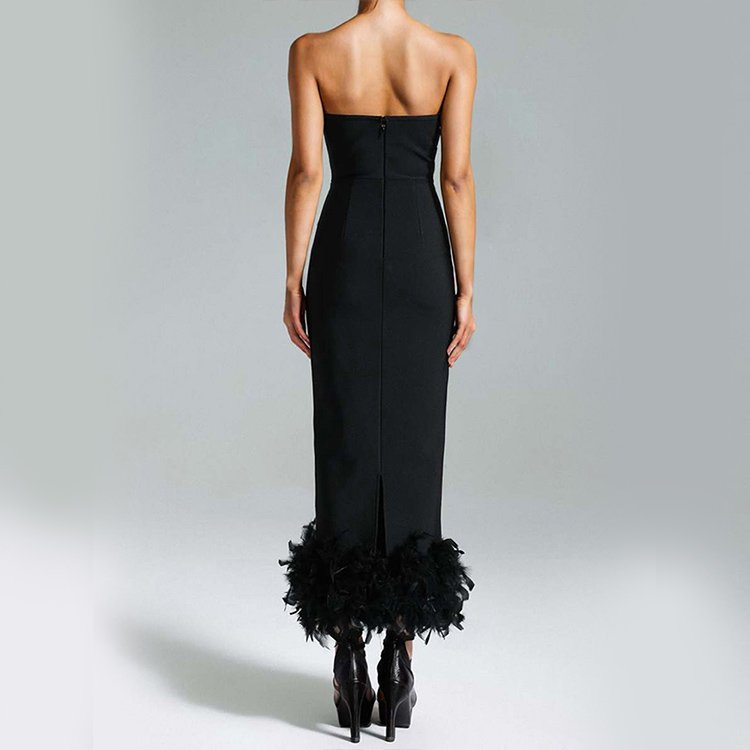 New Arrivals Evening Sexy Backless Strapless Maxi Feather Bandage Crystal Rhinestone Dress