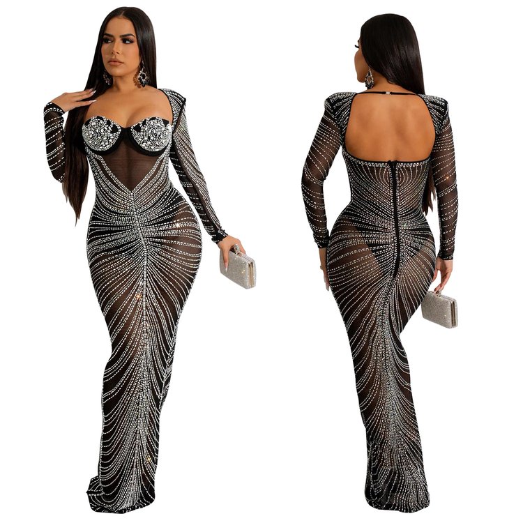 Plus size fashion women's clothes mesh see-through long sleeved rhinestone elegant night club party luxury evening dress
