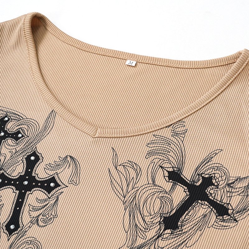 Y2K T-shirt New ladys wear fit rhinestone printed round neck temperament commute multi-color long sleeve crop tops