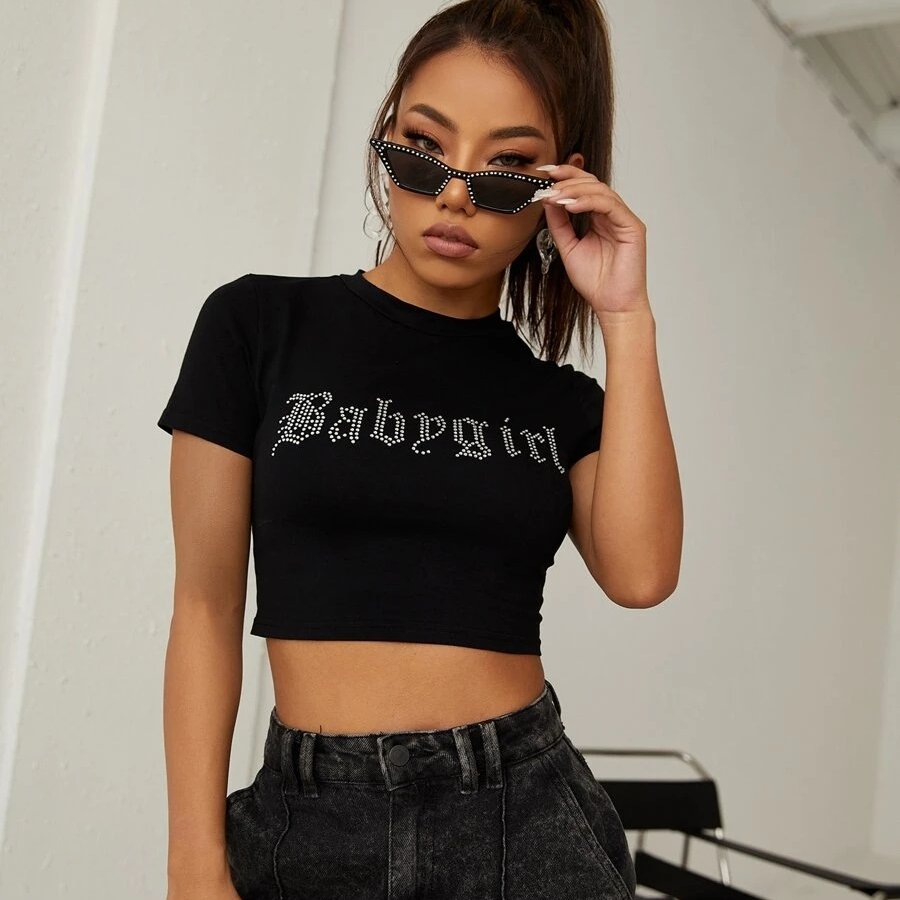 Baby Girl Rhinestones Custom women round neck crop tops Cropped Tee Sports Workout Crop Top