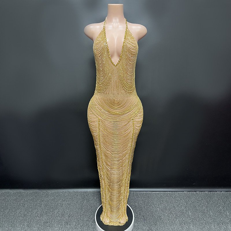 Novance Y2699-Lc Maxi Plus Size Custom Dresses Manufacturing Golden Evening Dress Rhinestone Dress With Mesh For Birthday Party