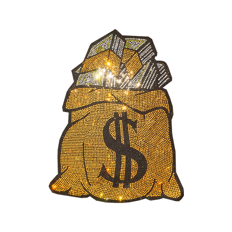 Free sample Sparkling rhinestone money bag logo heat transfer design for garment