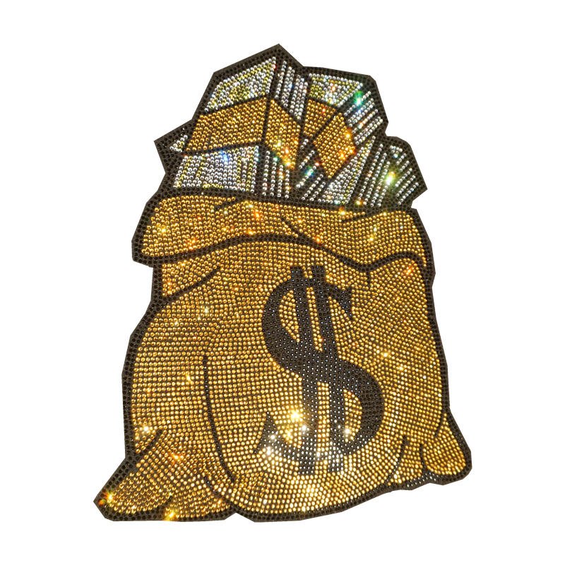 Free sample Sparkling rhinestone money bag logo heat transfer design for garment