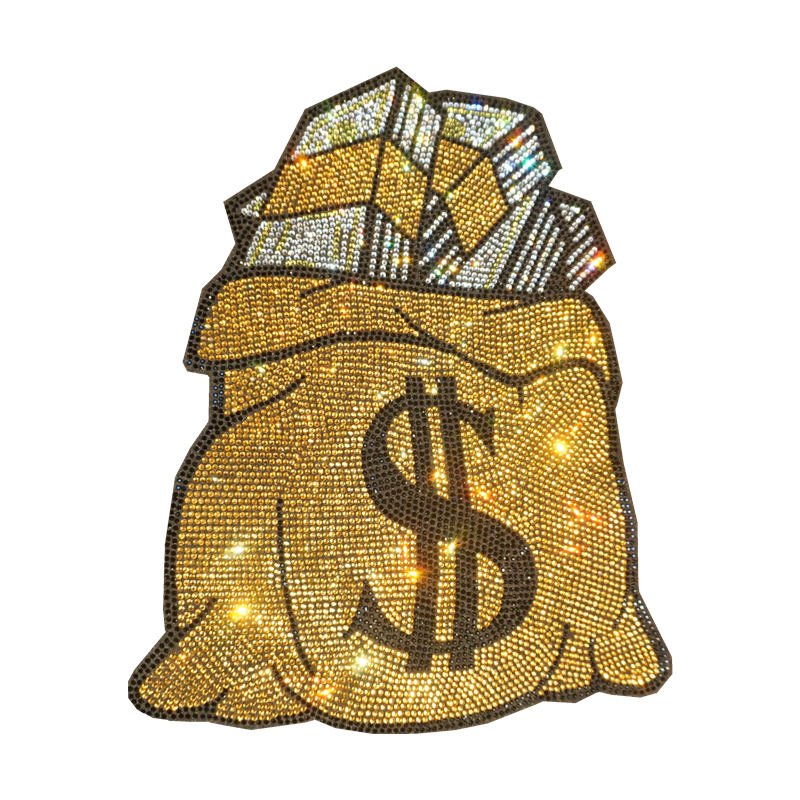 Free sample Sparkling rhinestone money bag logo heat transfer design for garment
