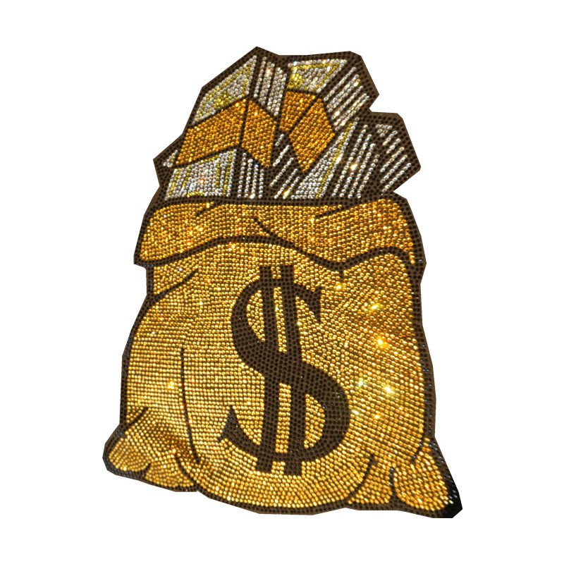Free sample Sparkling rhinestone money bag logo heat transfer design for garment
