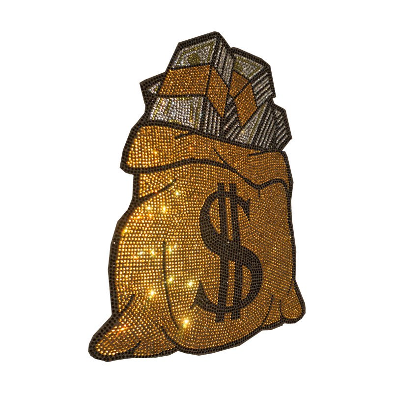 Free sample Sparkling rhinestone money bag logo heat transfer design for garment