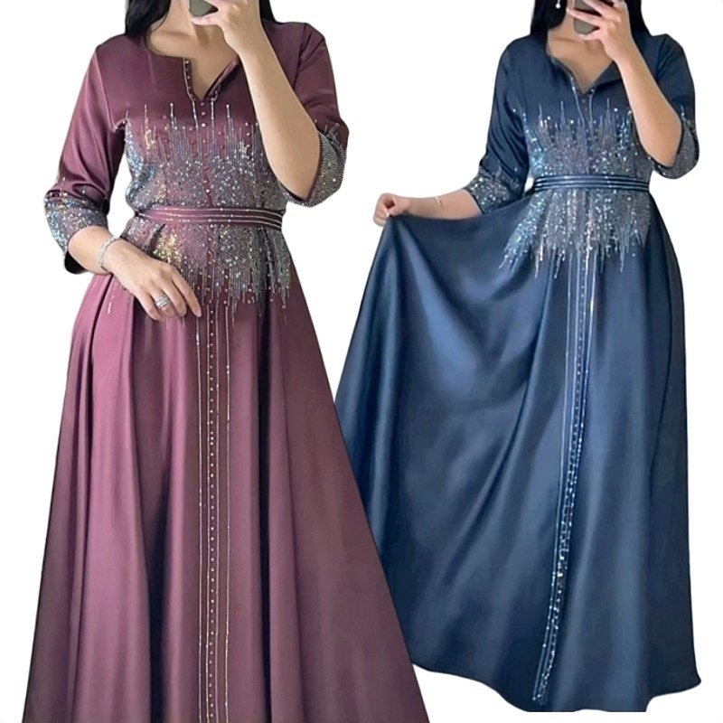 New Muslim Women Fashion A-line Dress V-neck Long Sleeve Sashes Party Evening Wear Sparkly Rhinestone Lady Satin Maxi Dress