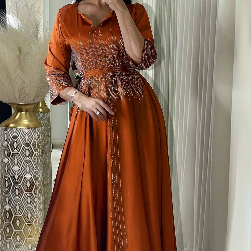 New Muslim Women Fashion A-line Dress V-neck Long Sleeve Sashes Party Evening Wear Sparkly Rhinestone Lady Satin Maxi Dress