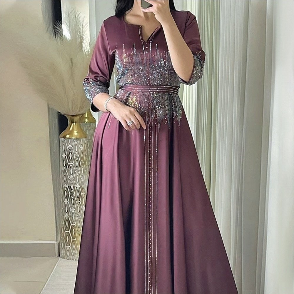 New Muslim Women Fashion A-line Dress V-neck Long Sleeve Sashes Party Evening Wear Sparkly Rhinestone Lady Satin Maxi Dress