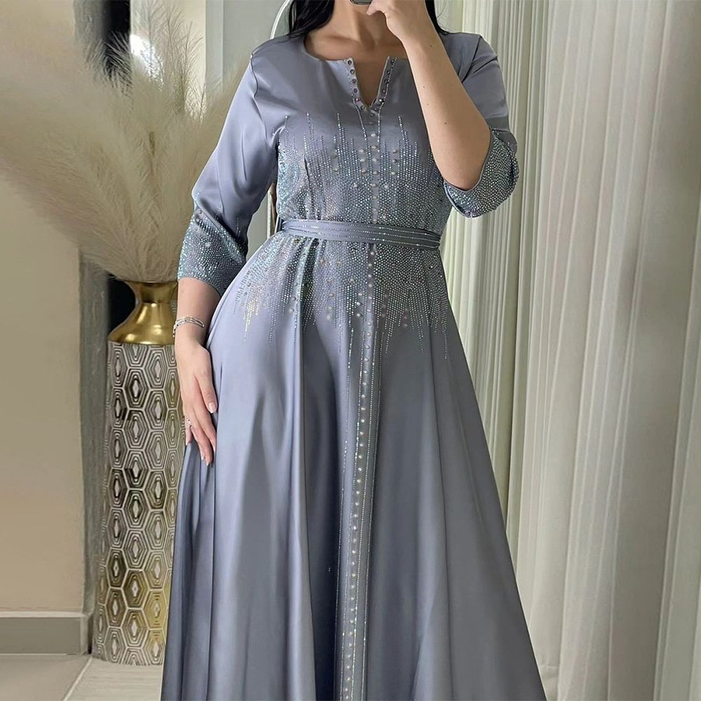 New Muslim Women Fashion A-line Dress V-neck Long Sleeve Sashes Party Evening Wear Sparkly Rhinestone Lady Satin Maxi Dress