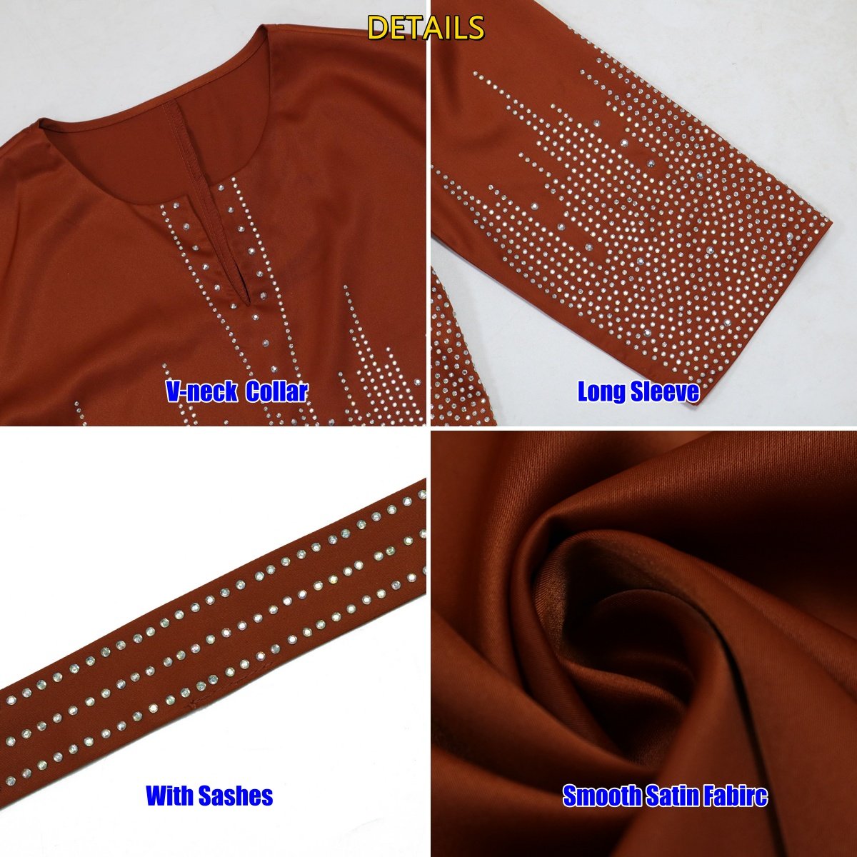 New Muslim Women Fashion A-line Dress V-neck Long Sleeve Sashes Party Evening Wear Sparkly Rhinestone Lady Satin Maxi Dress