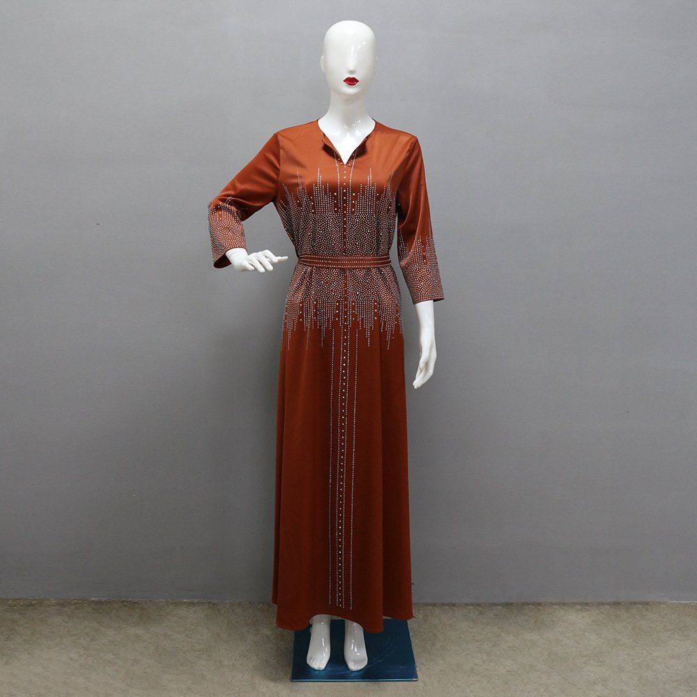 New Muslim Women Fashion A-line Dress V-neck Long Sleeve Sashes Party Evening Wear Sparkly Rhinestone Lady Satin Maxi Dress