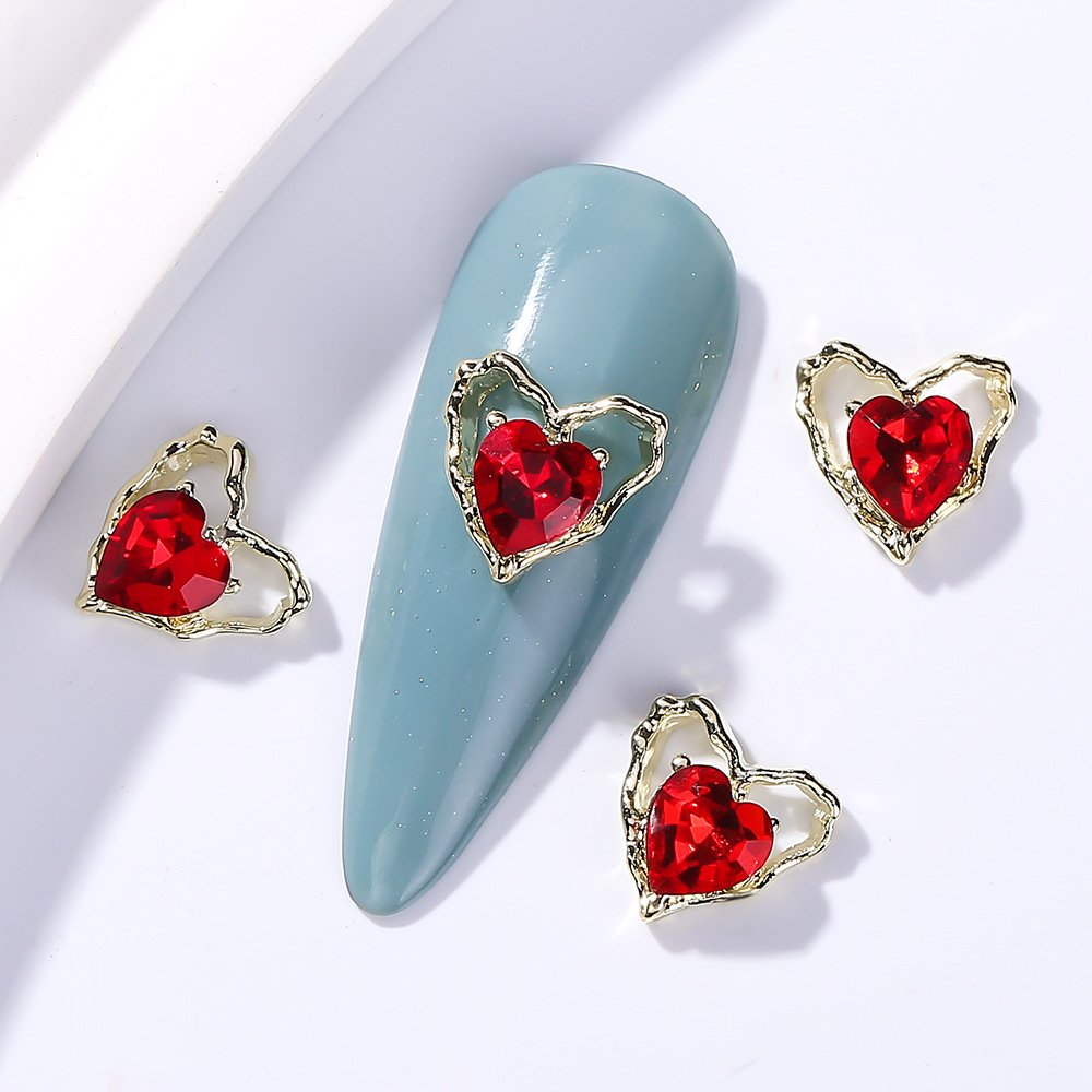 Metal Alloy Hollow Heart Nail Jewelry Luxury Crystal Heart Nail Rhinestone Charms K9 Glass Stone Manicure Accessories