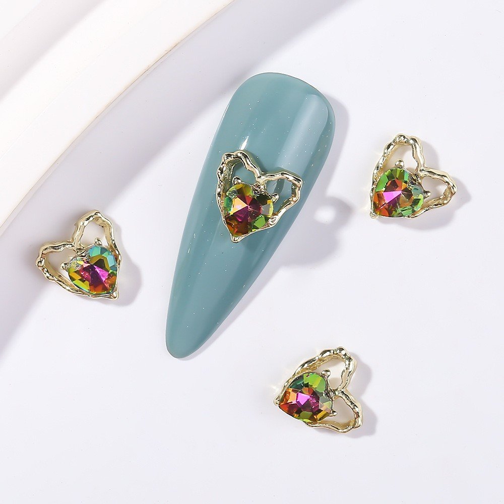 Metal Alloy Hollow Heart Nail Jewelry Luxury Crystal Heart Nail Rhinestone Charms K9 Glass Stone Manicure Accessories
