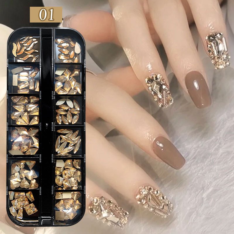 Hot-Selling 12-Compartment Set Boxed Flat-Bottomed Special-Shaped Colored Glass Rhinestone Nail Art Jewelry