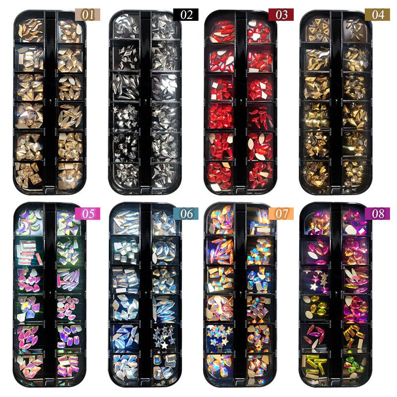 Hot-Selling 12-Compartment Set Boxed Flat-Bottomed Special-Shaped Colored Glass Rhinestone Nail Art Jewelry