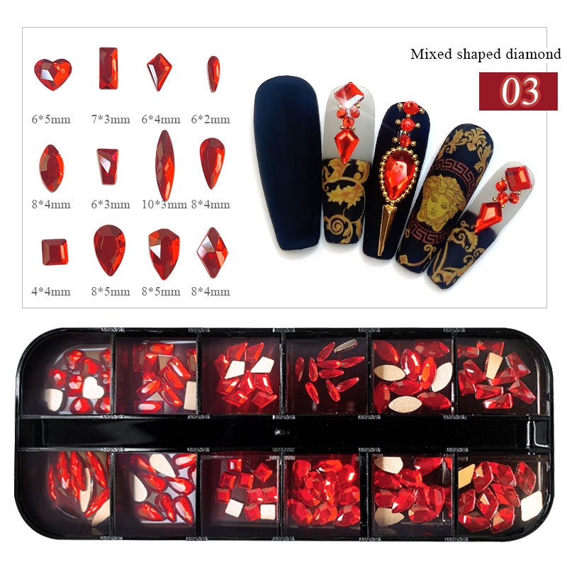 Hot-Selling 12-Compartment Set Boxed Flat-Bottomed Special-Shaped Colored Glass Rhinestone Nail Art Jewelry