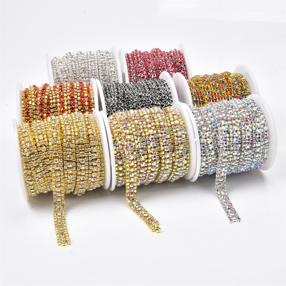 9Mm Rhinestone Crystal Ab Chain 3 Rows Dense Crystal diamond Trim Cake Banding Sew On Garment Accessory Diy Shoes Wedding Dress