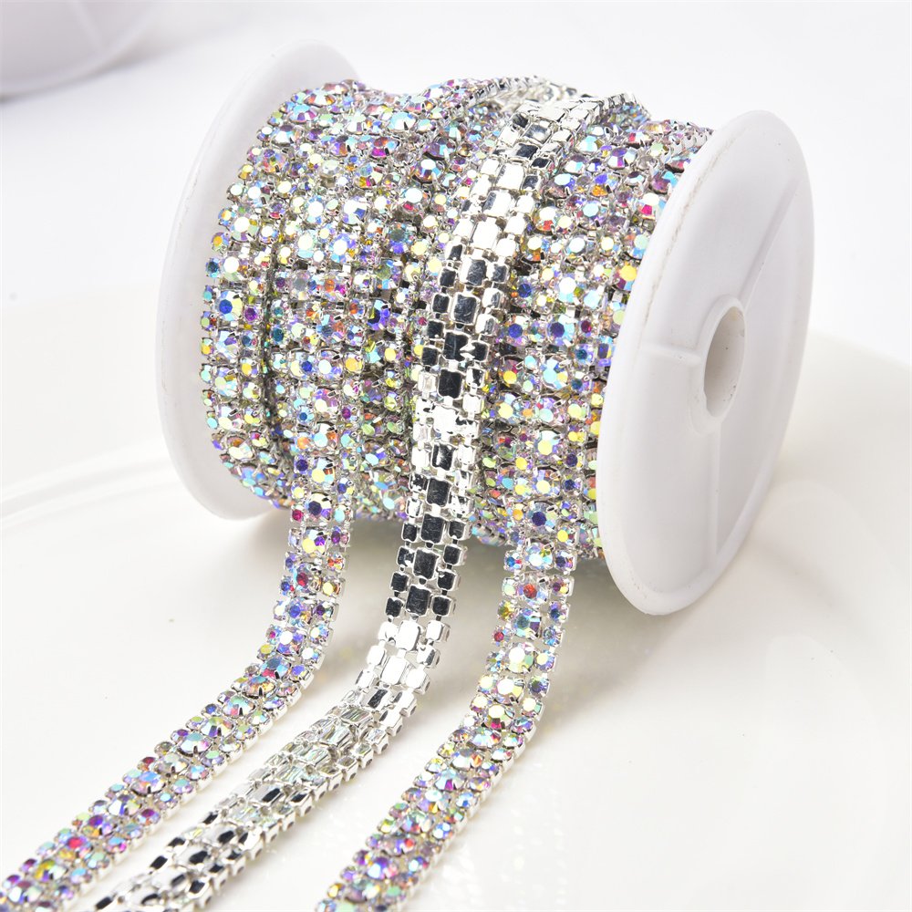 9Mm Rhinestone Crystal Ab Chain 3 Rows Dense Crystal diamond Trim Cake Banding Sew On Garment Accessory Diy Shoes Wedding Dress