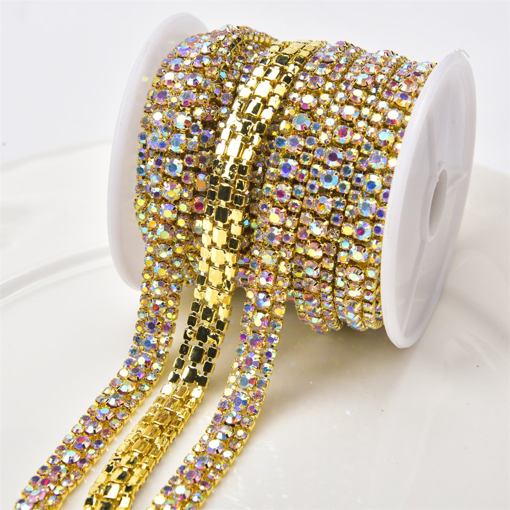 9Mm Rhinestone Crystal Ab Chain 3 Rows Dense Crystal diamond Trim Cake Banding Sew On Garment Accessory Diy Shoes Wedding Dress