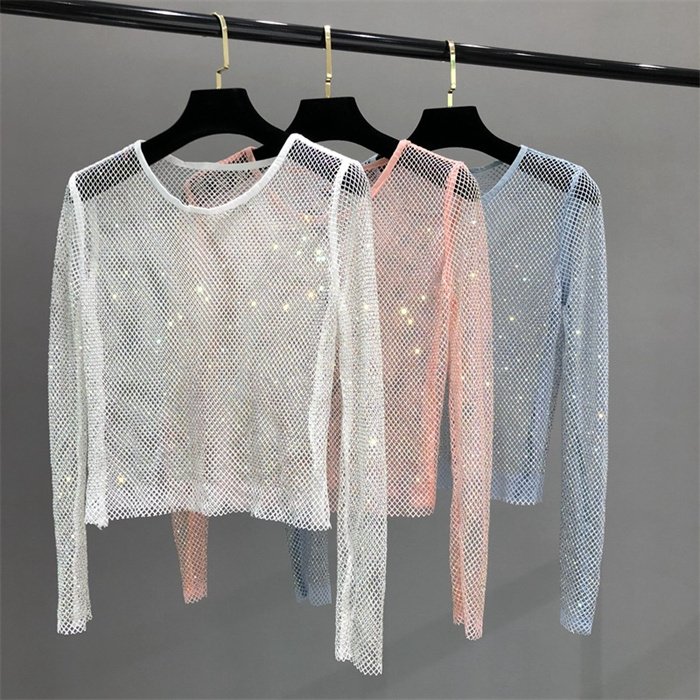 Sexy mesh perspective y2k bright bottoming shirt mesh rhinestone shiny openwork blouse woman