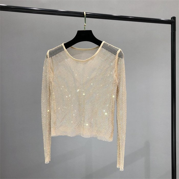 Sexy mesh perspective y2k bright bottoming shirt mesh rhinestone shiny openwork blouse woman