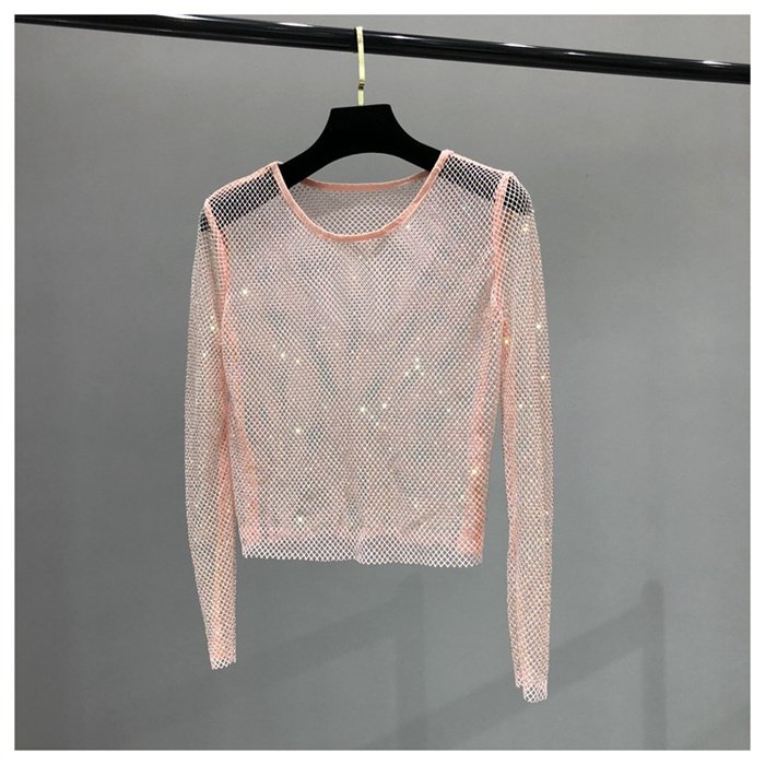 Sexy mesh perspective y2k bright bottoming shirt mesh rhinestone shiny openwork blouse woman