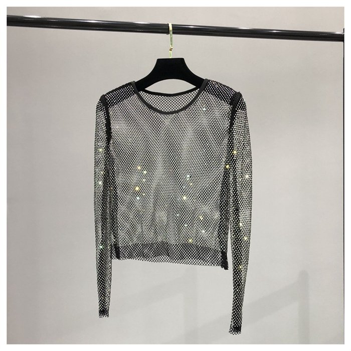 Sexy mesh perspective y2k bright bottoming shirt mesh rhinestone shiny openwork blouse woman