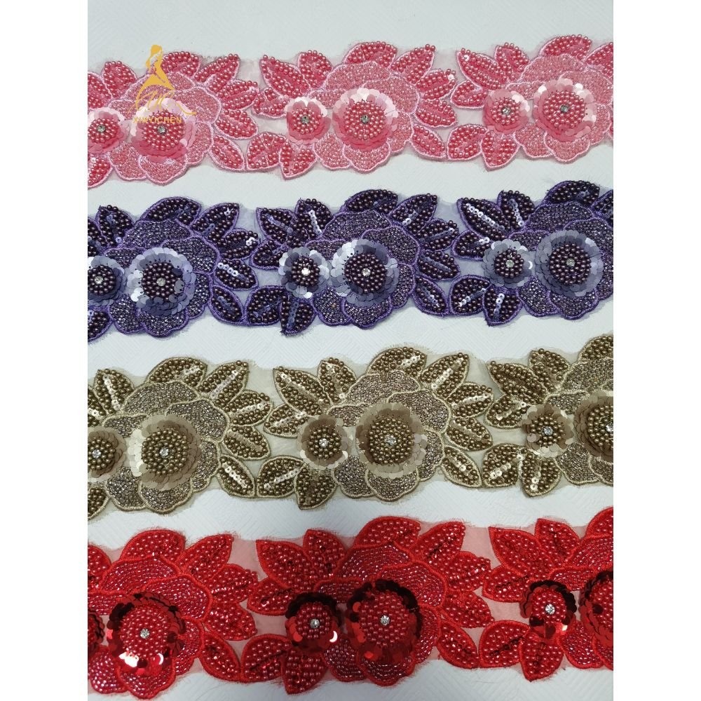 Custom Rhinestone Sequin Trim Flower Lace Polyester 3D Floral Lace Trim Embroidery Lace Trim for Clothing