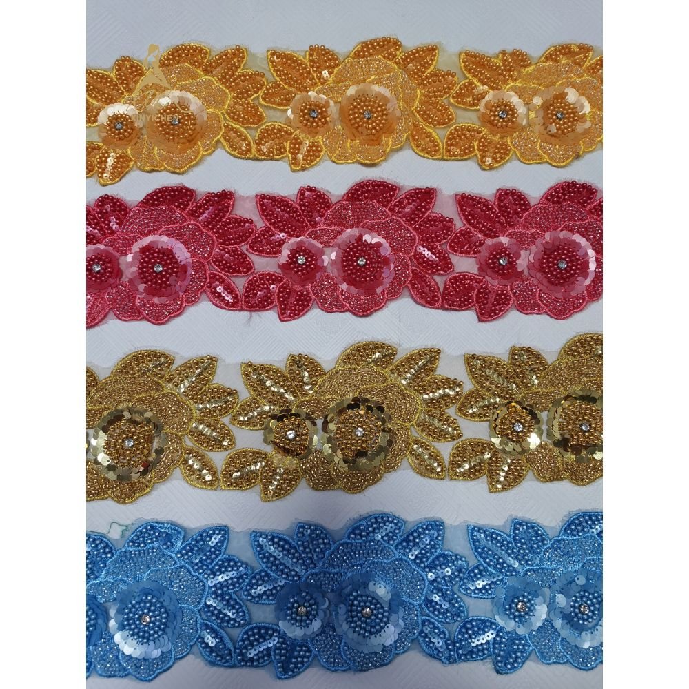 Custom Rhinestone Sequin Trim Flower Lace Polyester 3D Floral Lace Trim Embroidery Lace Trim for Clothing